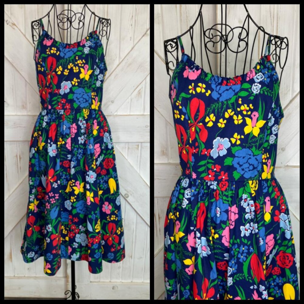 70's Vintage EJE Cotton Rainbow Blue Floral Hawaiian Sundress Day Midi Dress - Picture 3 of 10